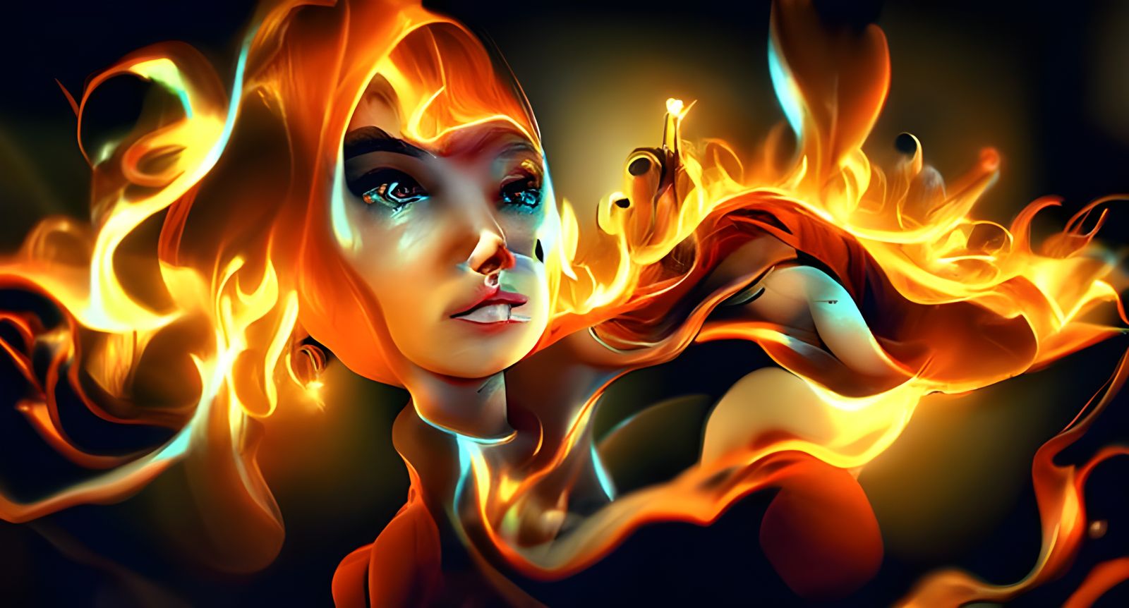 Fiery Female Elemental in a Burning Room