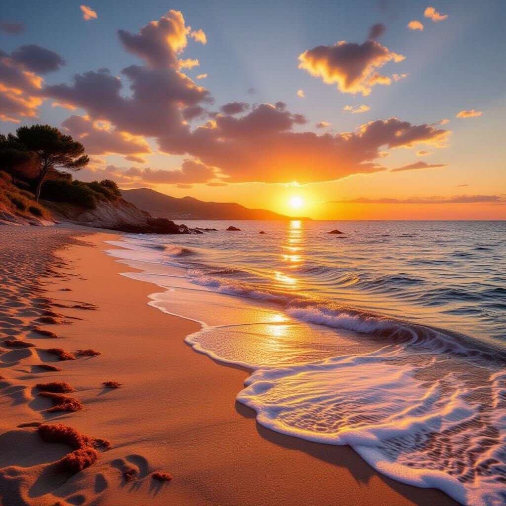 Mediterranean Beach Coast at Sunset in Renaissance Style