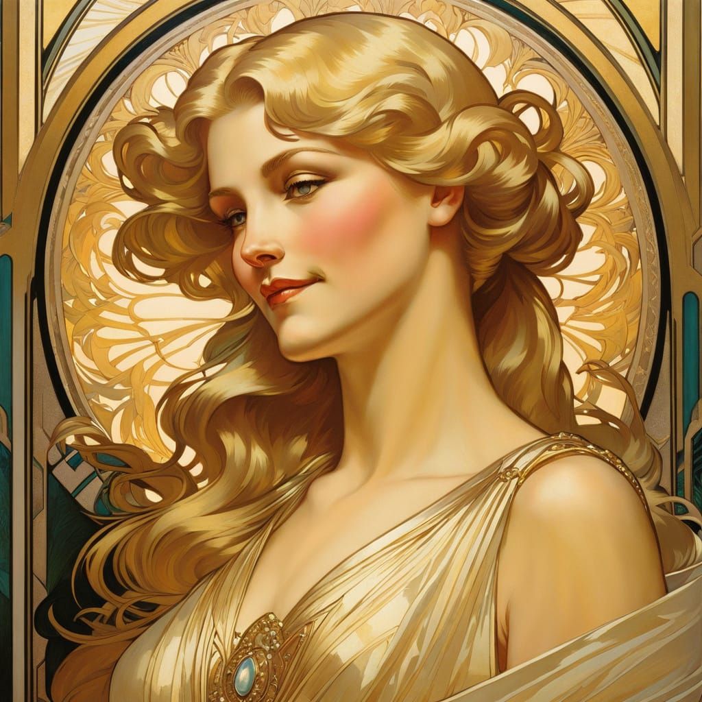 Art Deco Portrait of Woman in Golden Gown