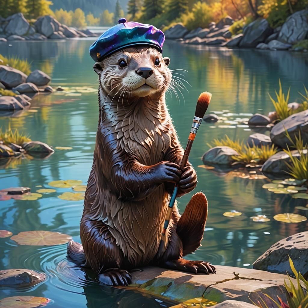 Otter Artist by Lake: 3D Digital Art