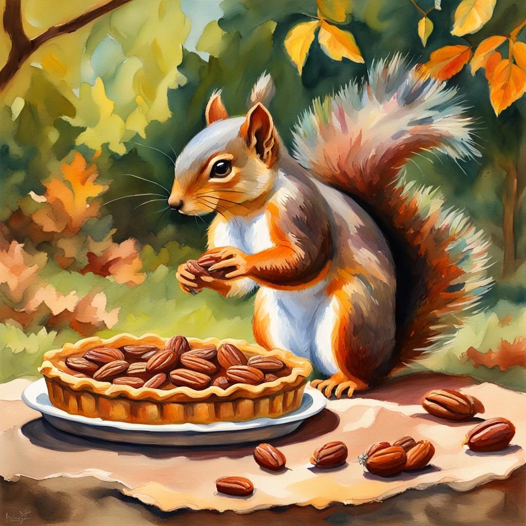 Squirrels Enjoying Pecan Pie as Gouache Painting