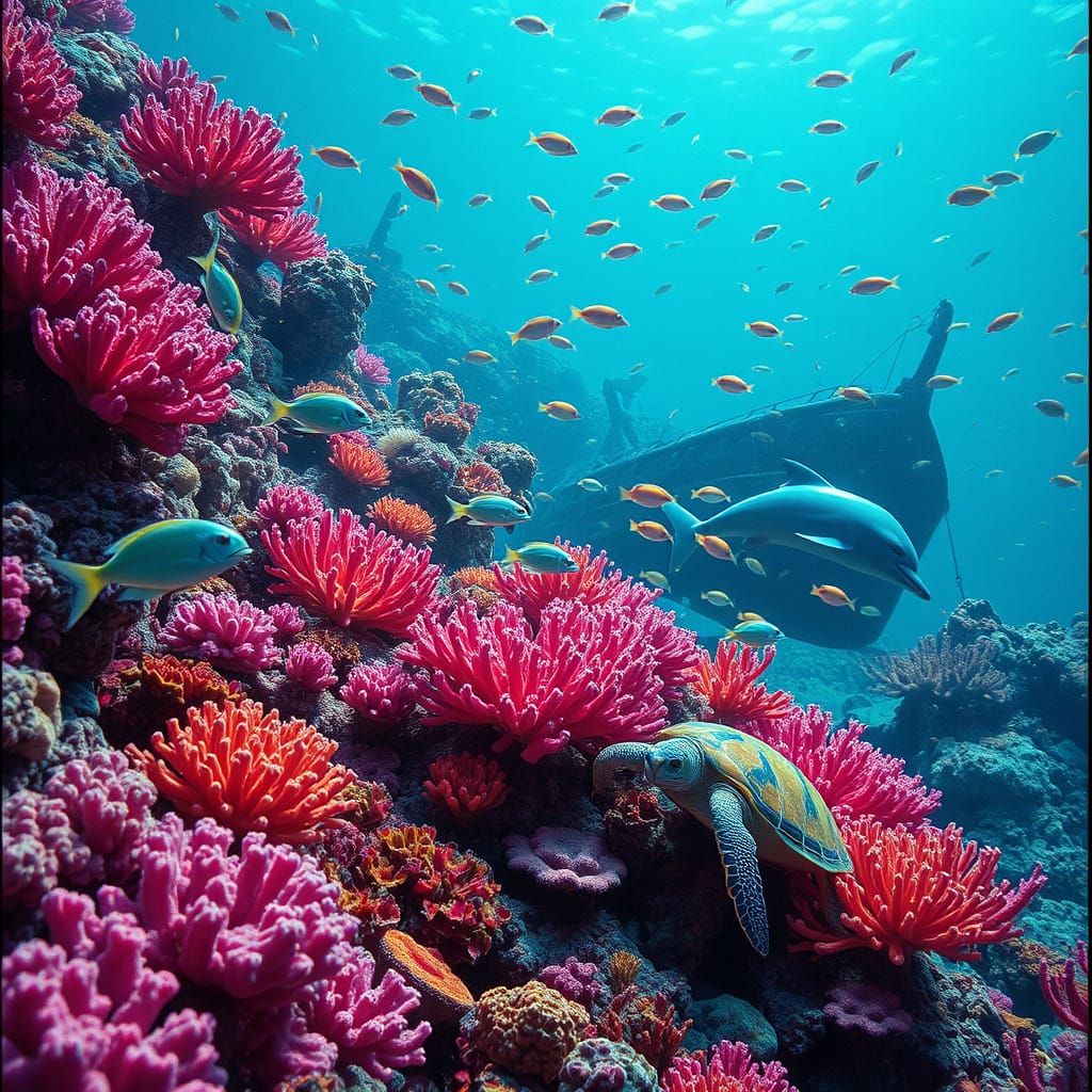 Luminous Coral Reefs and Sunken Ship, Miyazaki Style