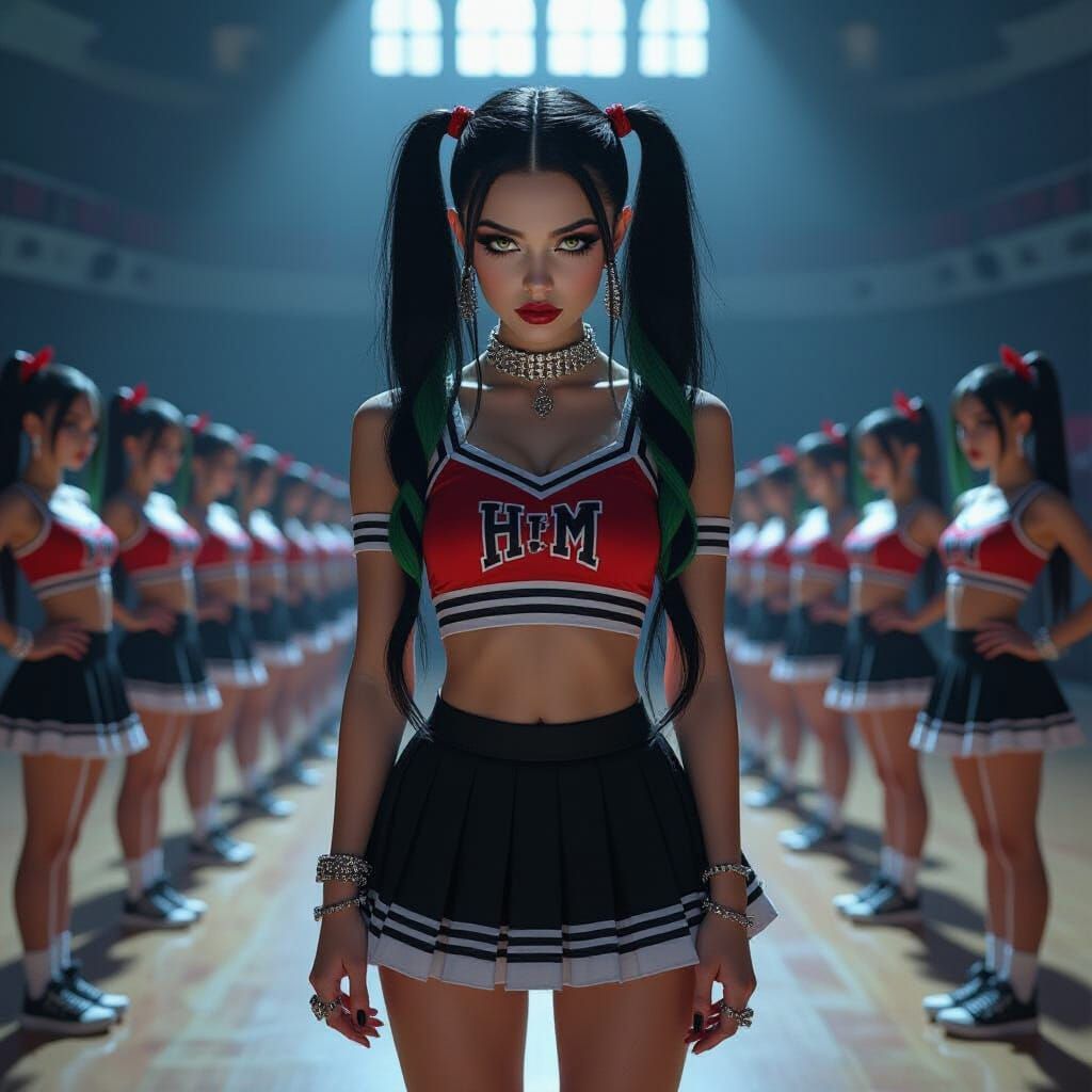 Gothic Cheerleader Woman in Dark Gymnasium Photo