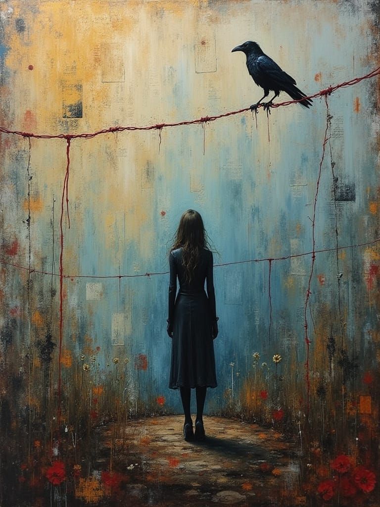 Textured Oil Painting of Loneliness with Mixed Media Element...