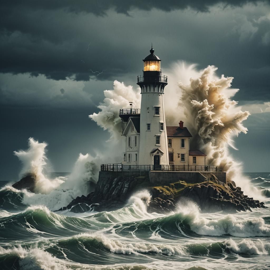 Lighthouse in Raging Storm: Cinematic Film Still