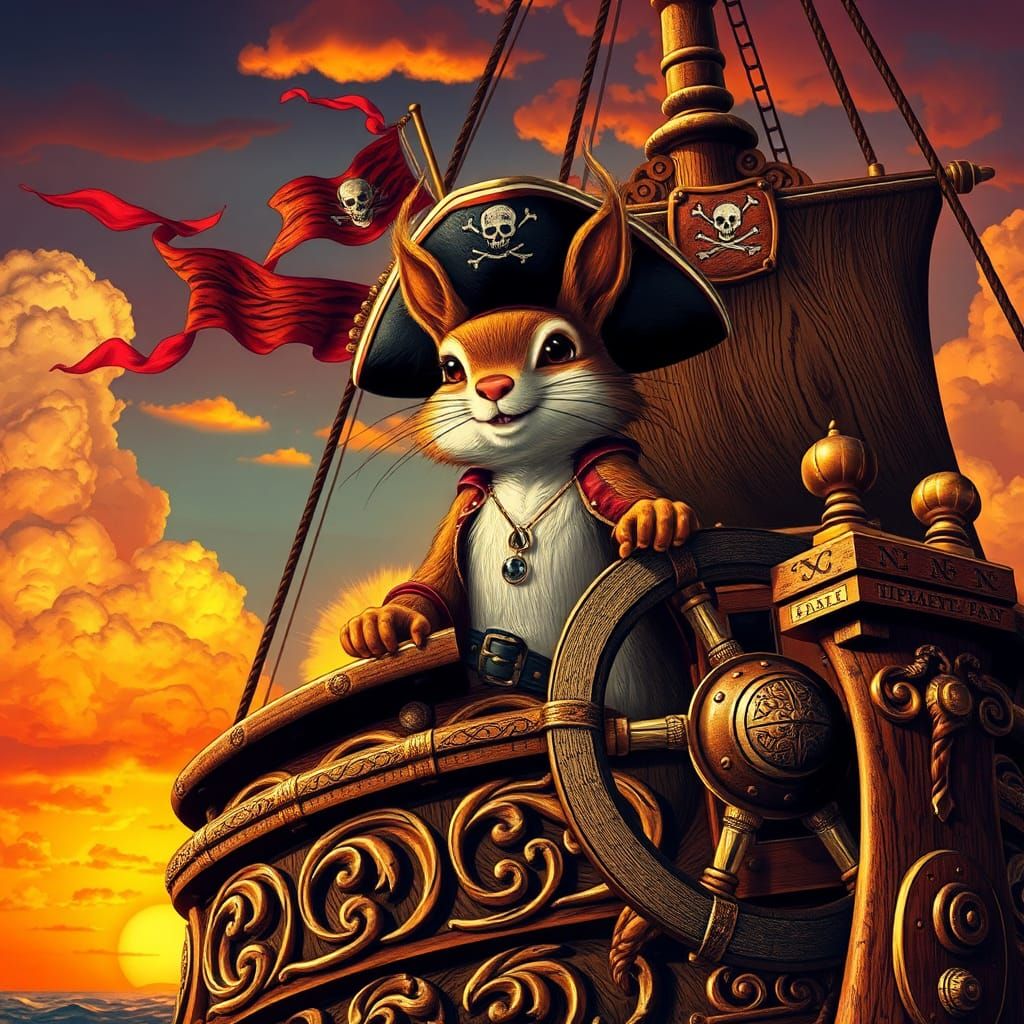 Squirrel Pirate Captain on a Galleon in Woodcut Style