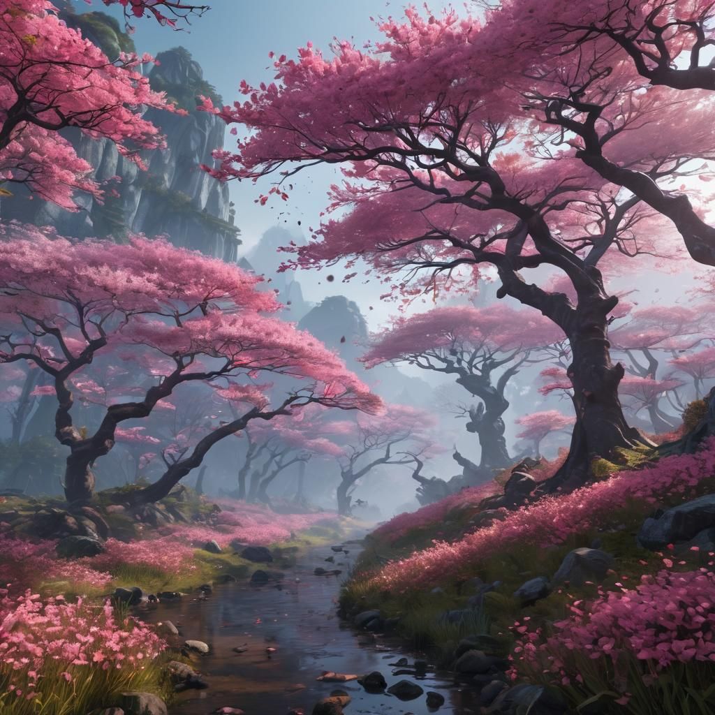Pink Sakura Forest in Fog: Fantasy Concept Art