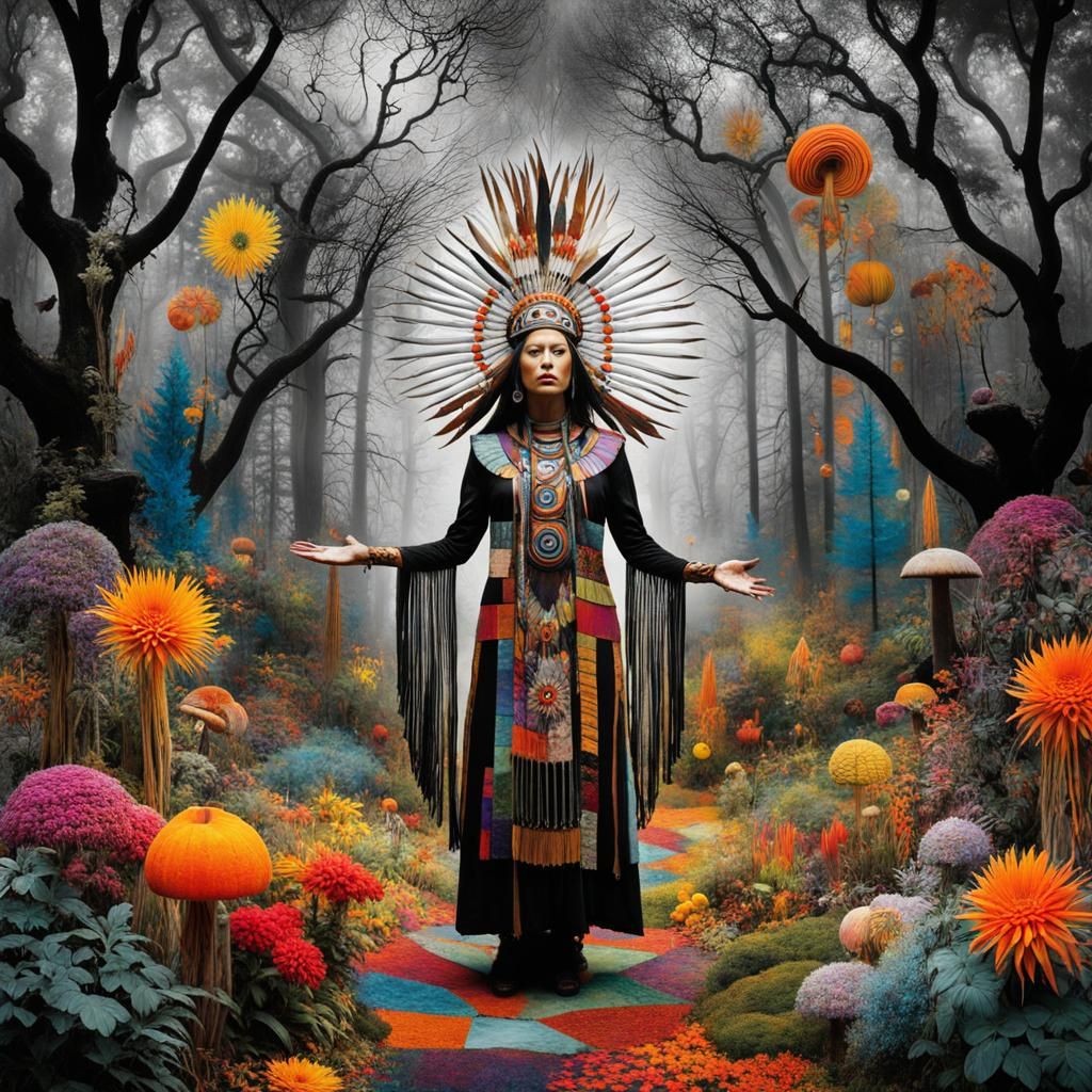 Native American Shaman Casting Spell in Surreal Dreamscape