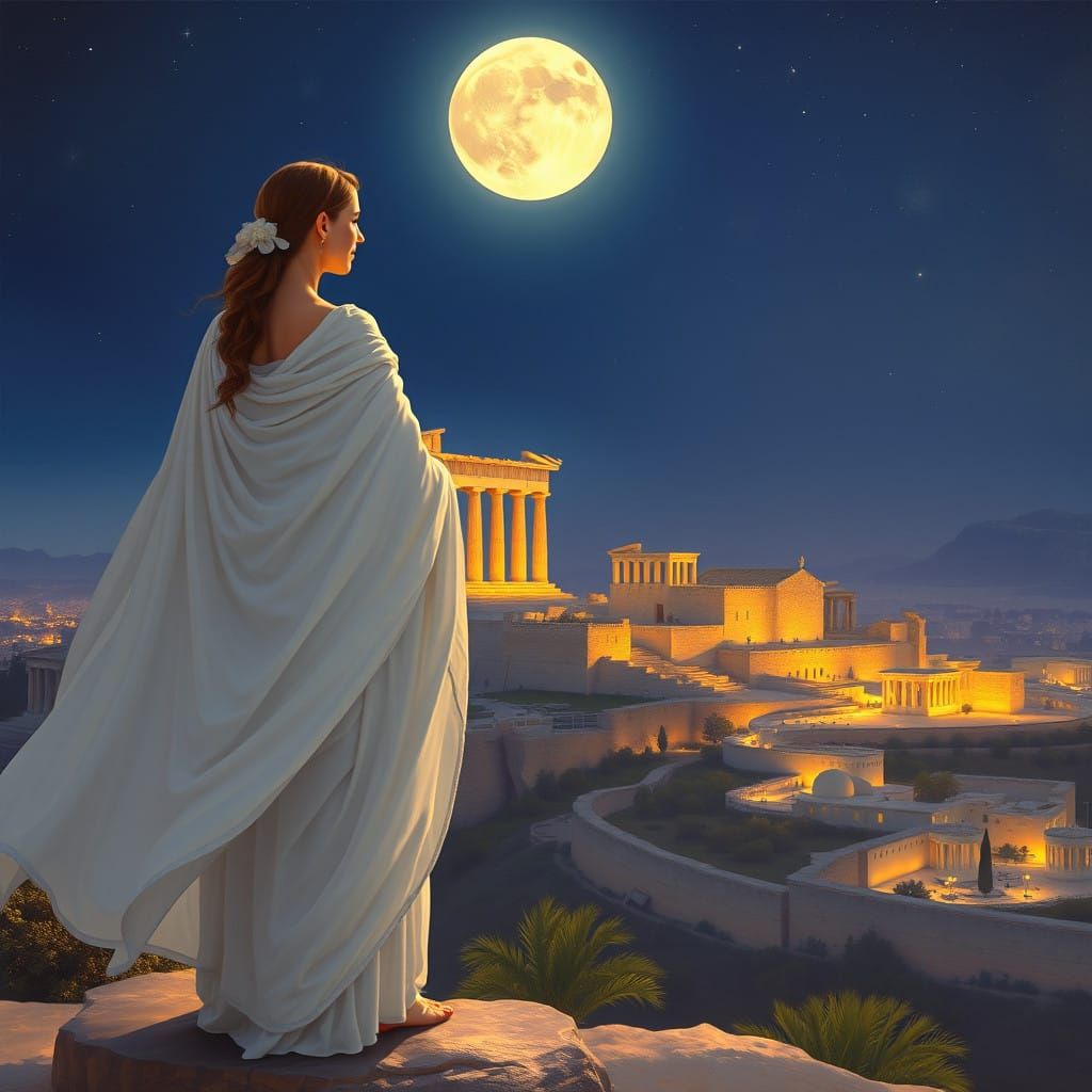 Ethereal Goddess of Ancient Greece Under Starry Night Sky
