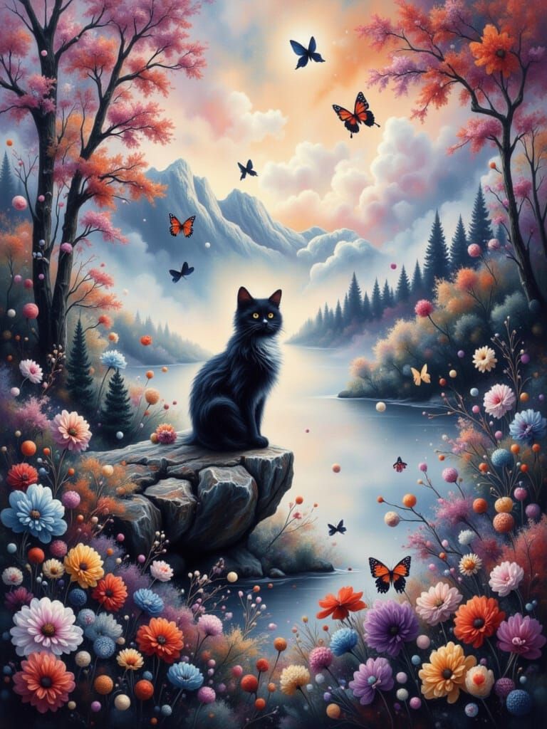 Colorful Cat in Fluid Art Landscape