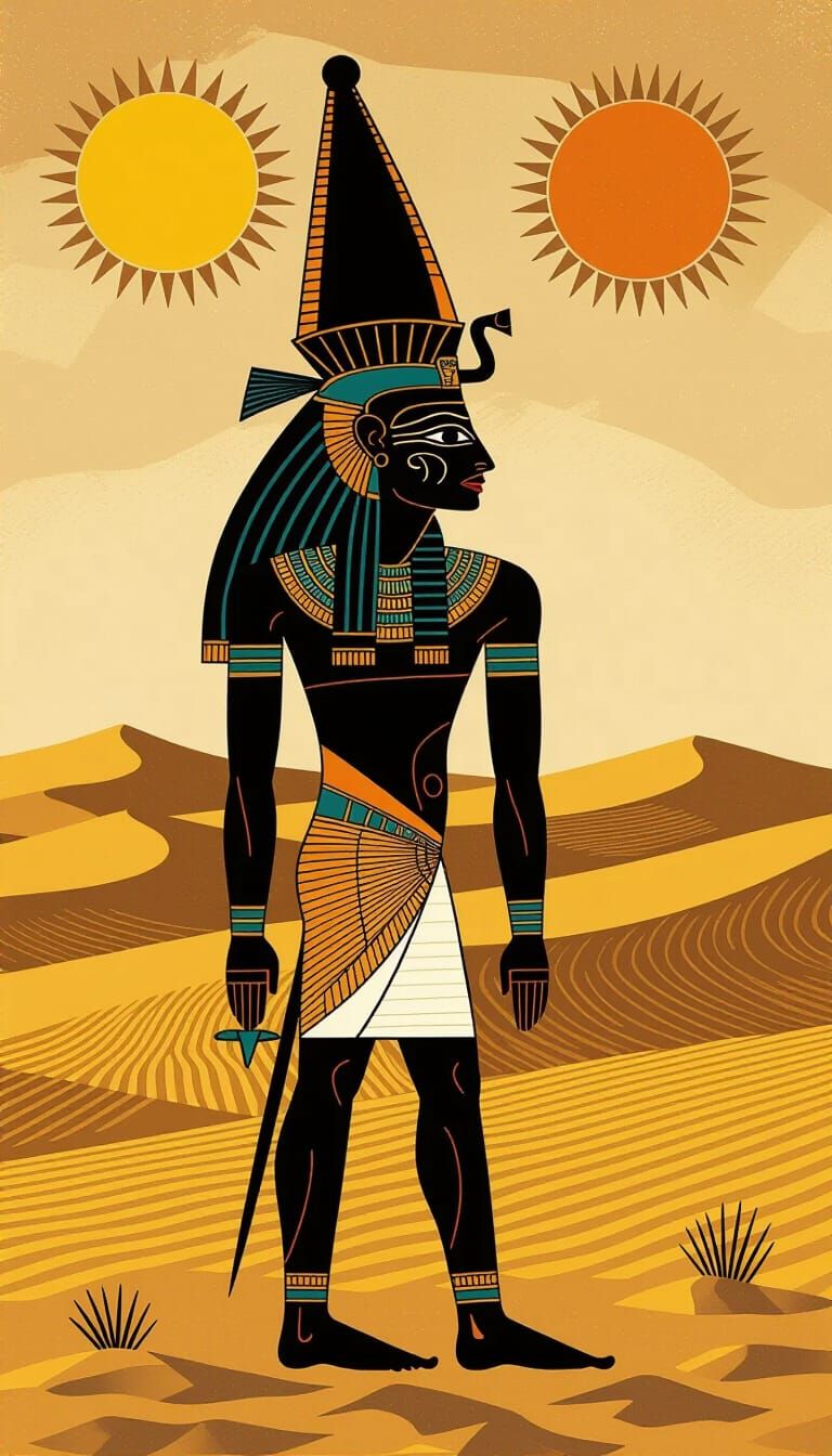 Stylized Figure in Barren Landscape with Two Sun-like Orbs