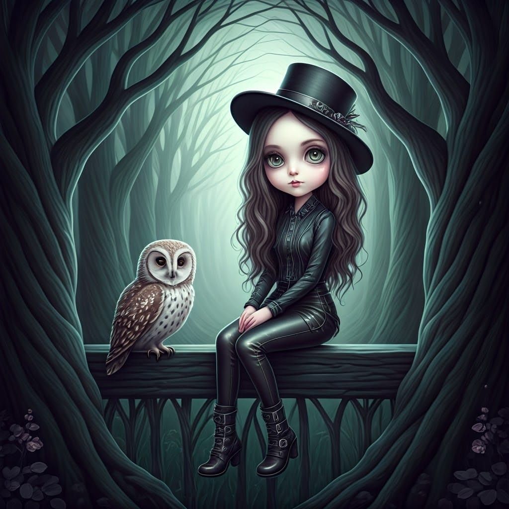 Whimsical Gothic Scene with Girl, Owl, and Tassel Hair