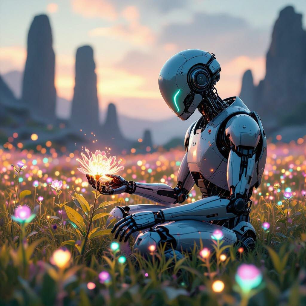 Android Touches Glowing Flower in Alien Field