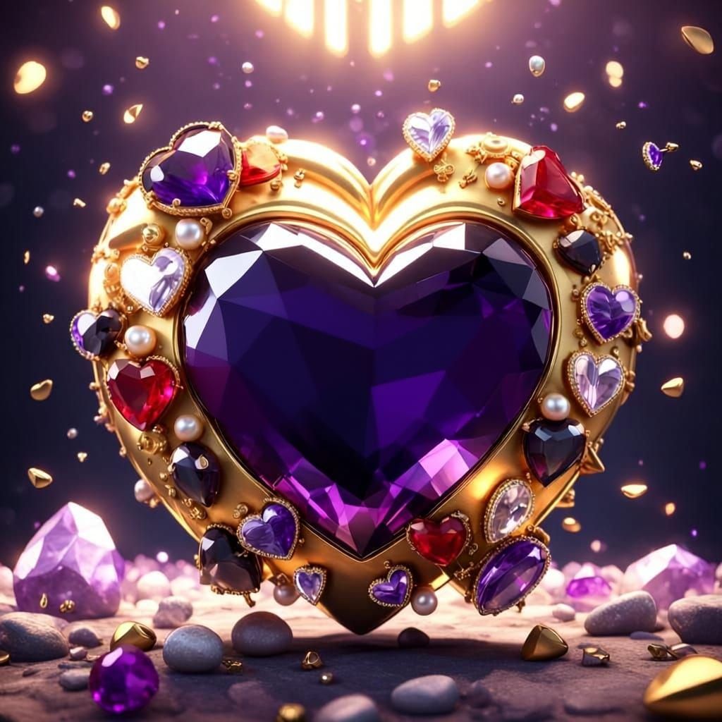 Golden Valentine Heart with Jewels in Holographic Style
