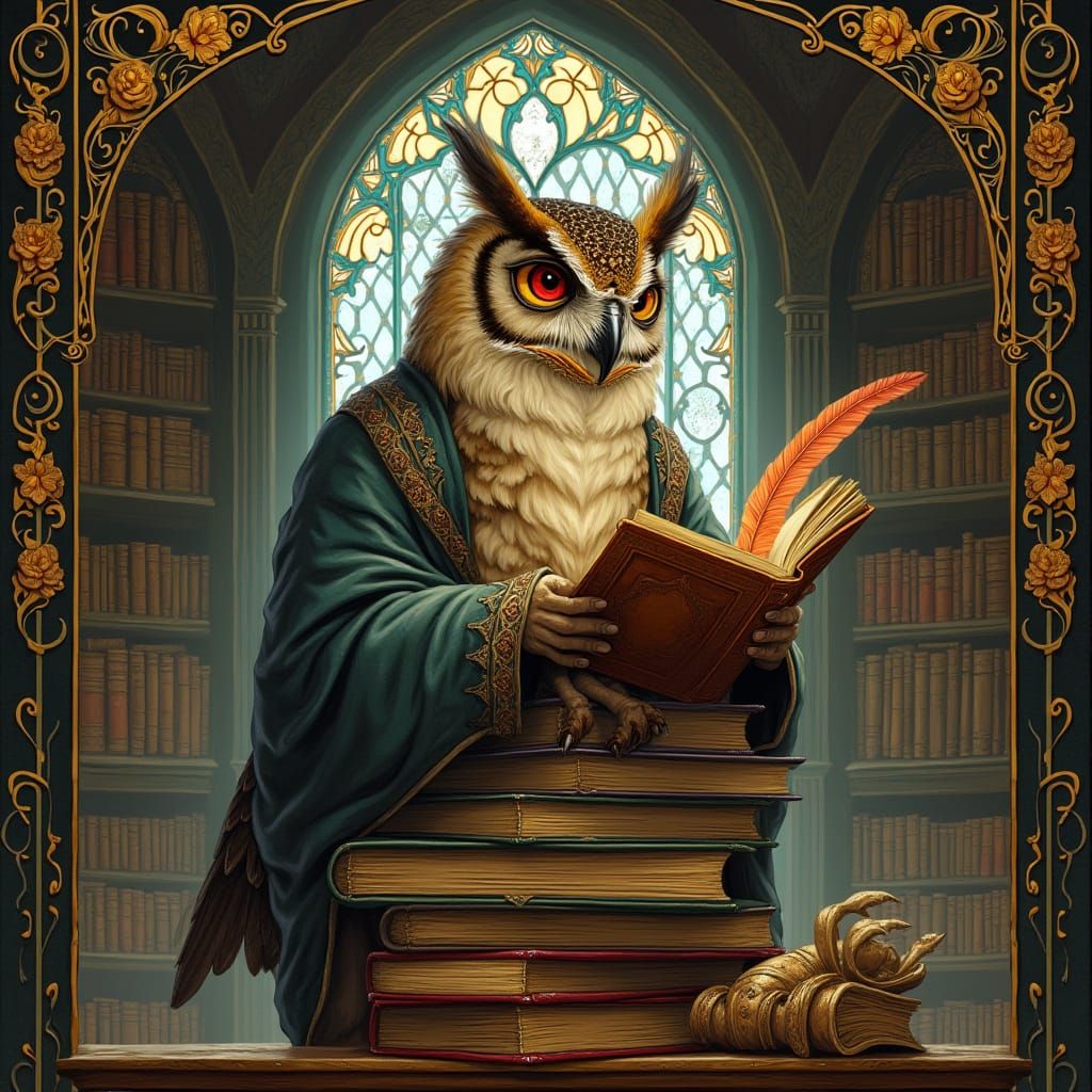 Owl Librarian in Gothic Library, Art Nouveau Style