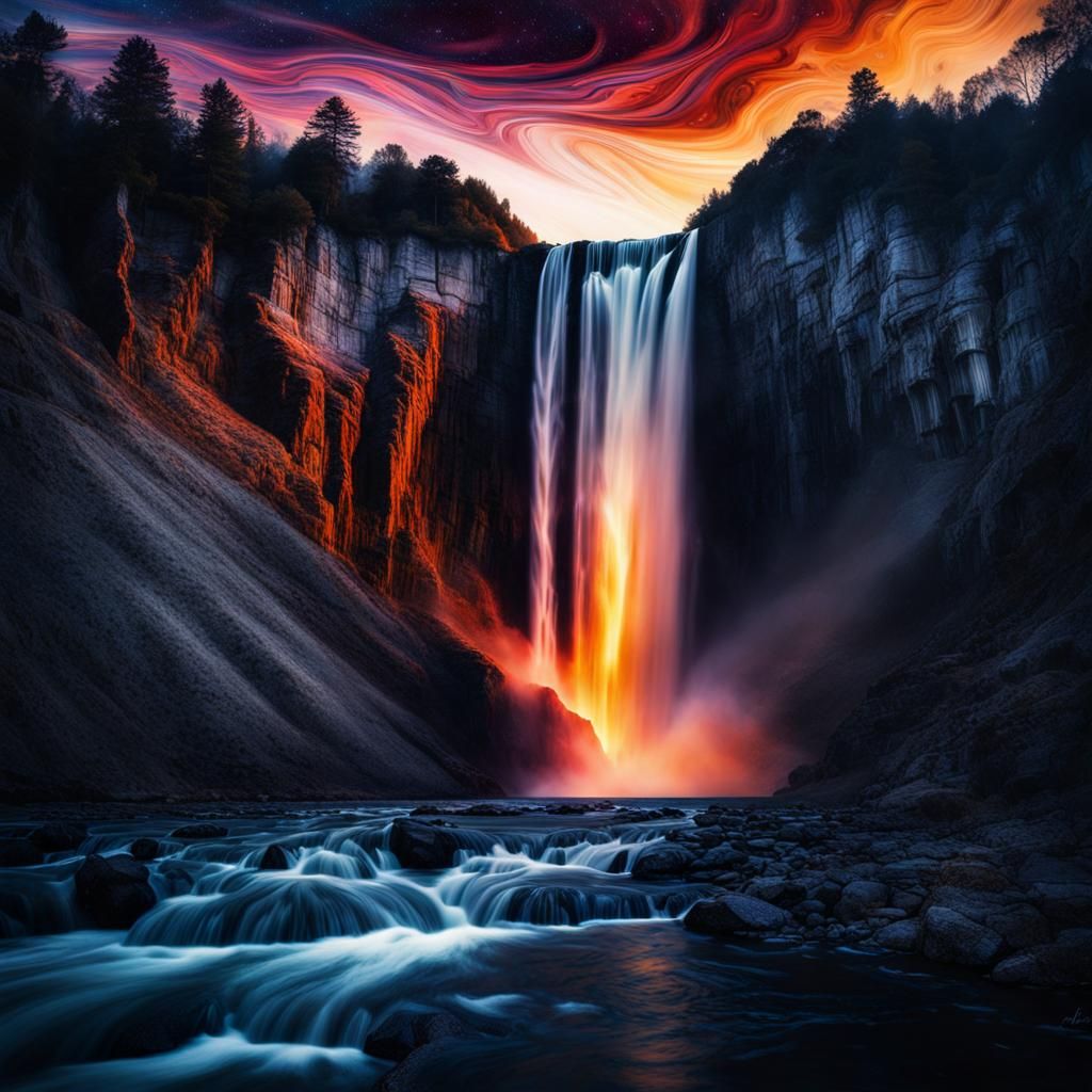 Hyperrealistic Double Exposure of Waterfall and Galaxy