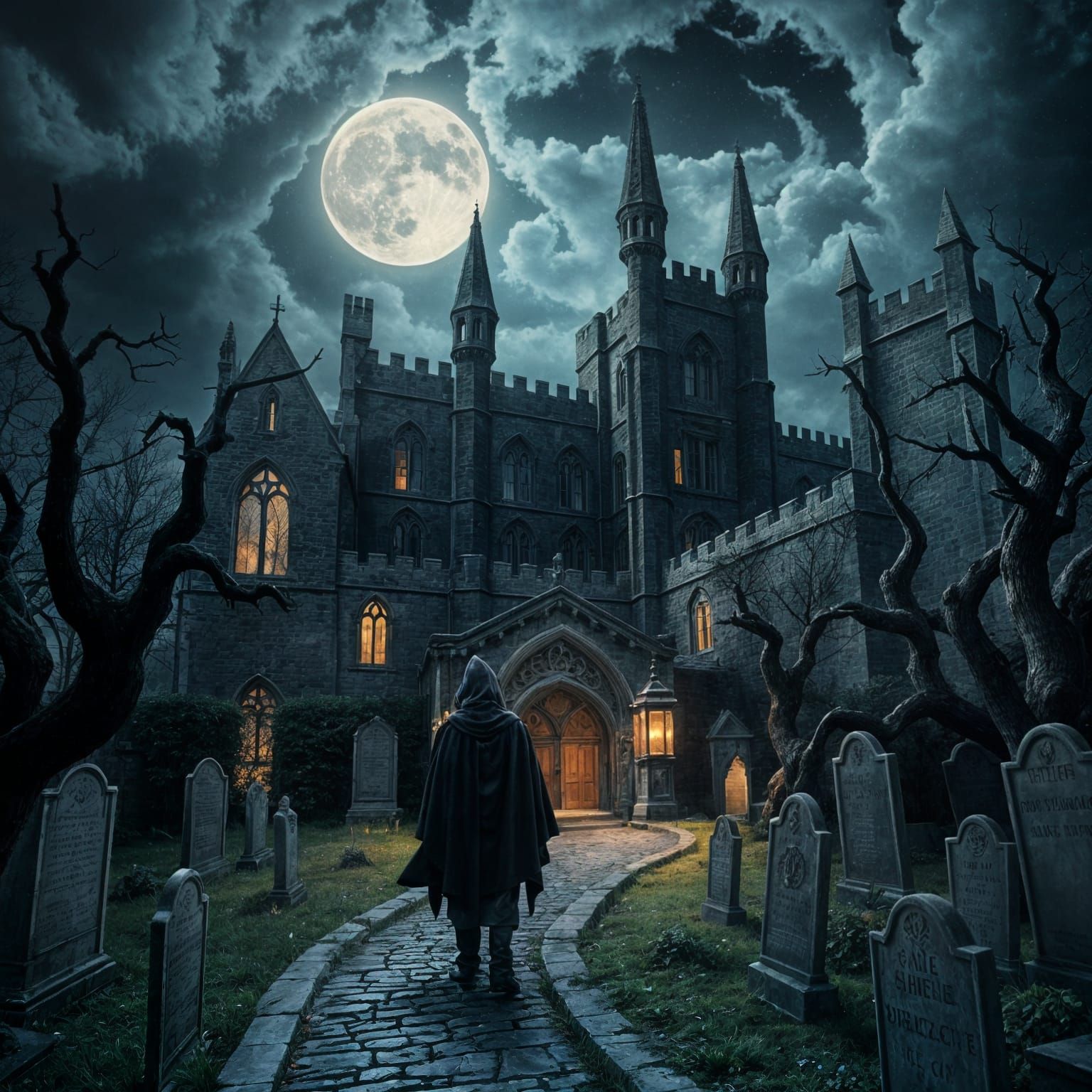 A Gothic Moonlit Scene Unfolds in a Desolate Stormy Night
