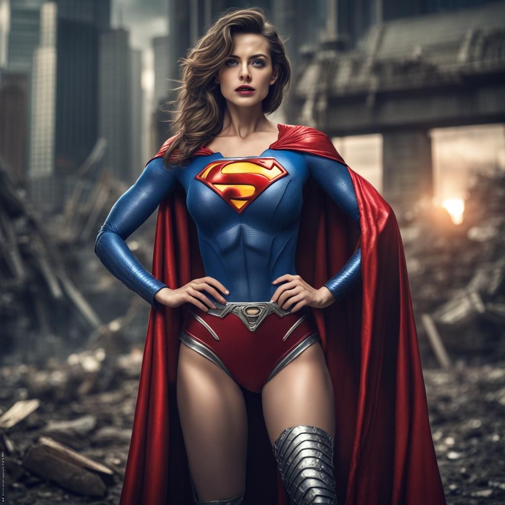 Elegant Woman in Ripped Superman Costume