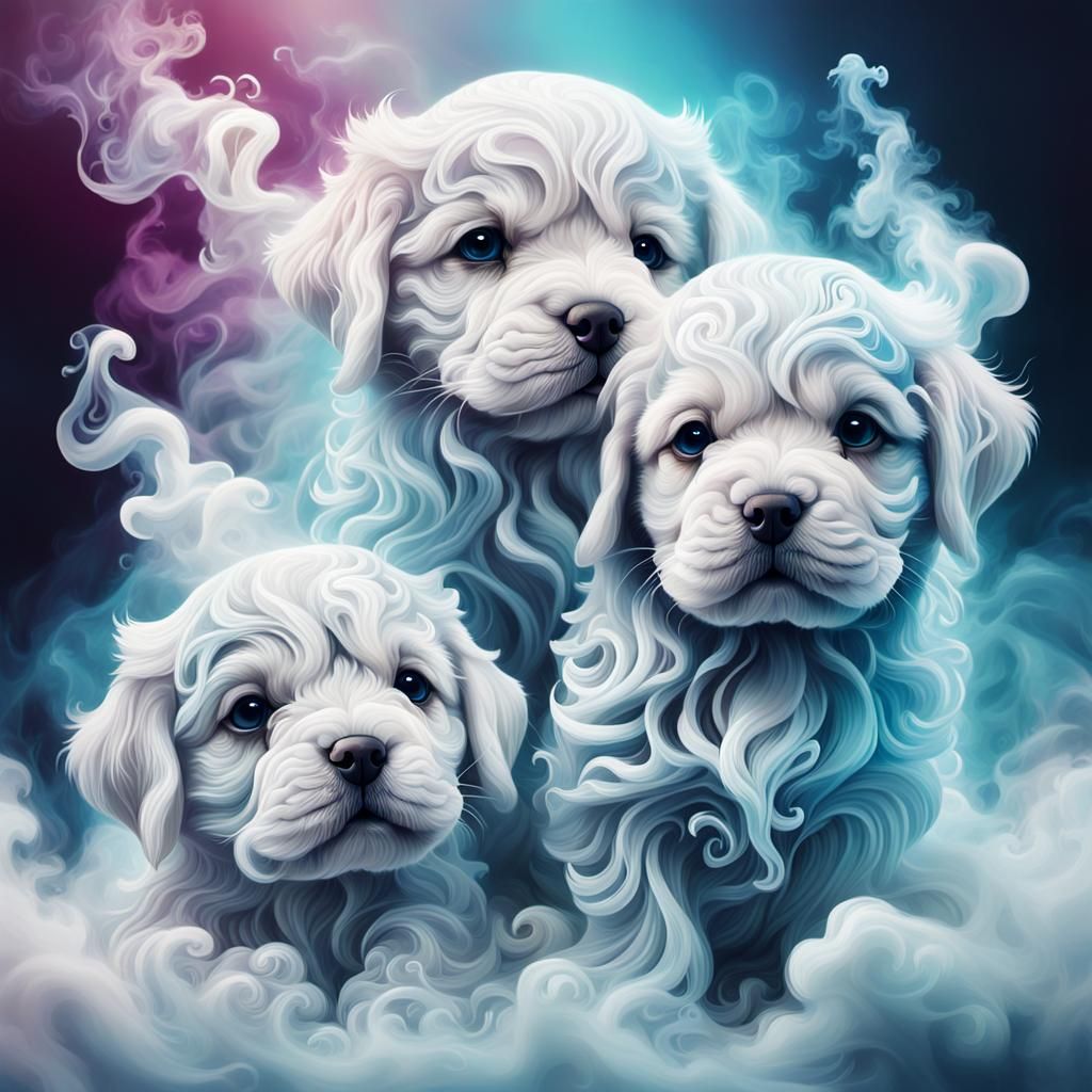 illustration of puppies formed from swirling white smoke.