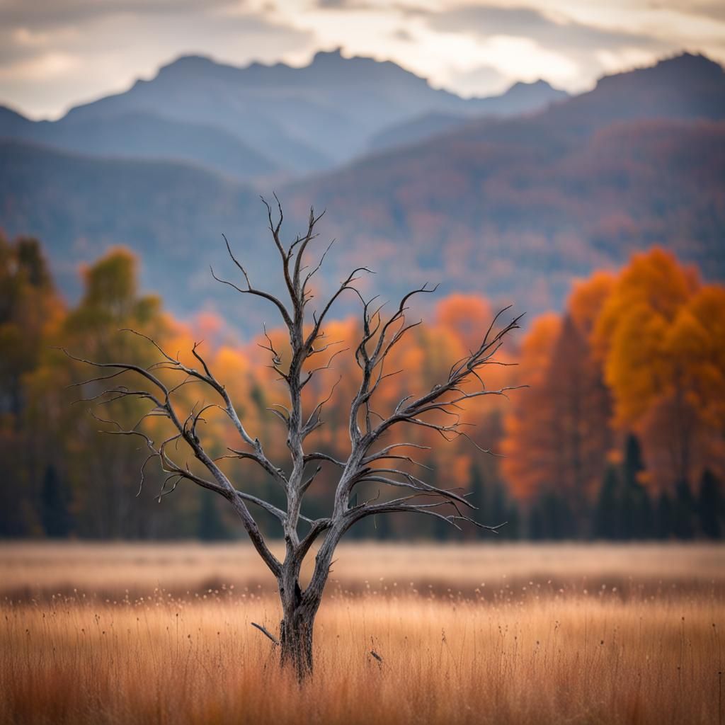 Peaceful Autumnal Mountain Landscape with Bare Trees