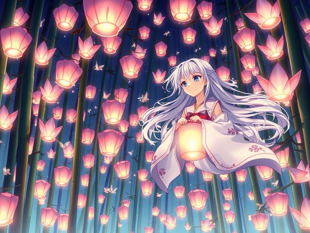 Anime Woman Floating Among Sky Lanterns