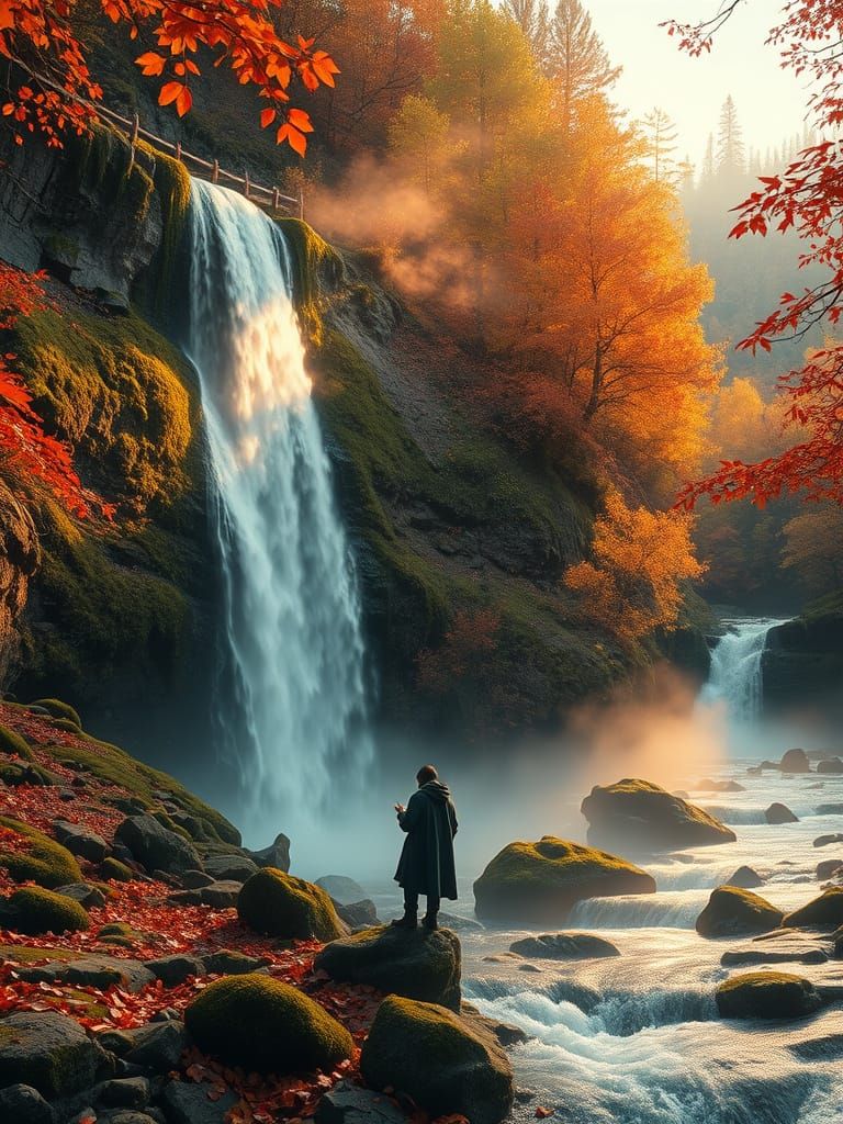 Secluded Waterfall in Autumn Forest at Sunset