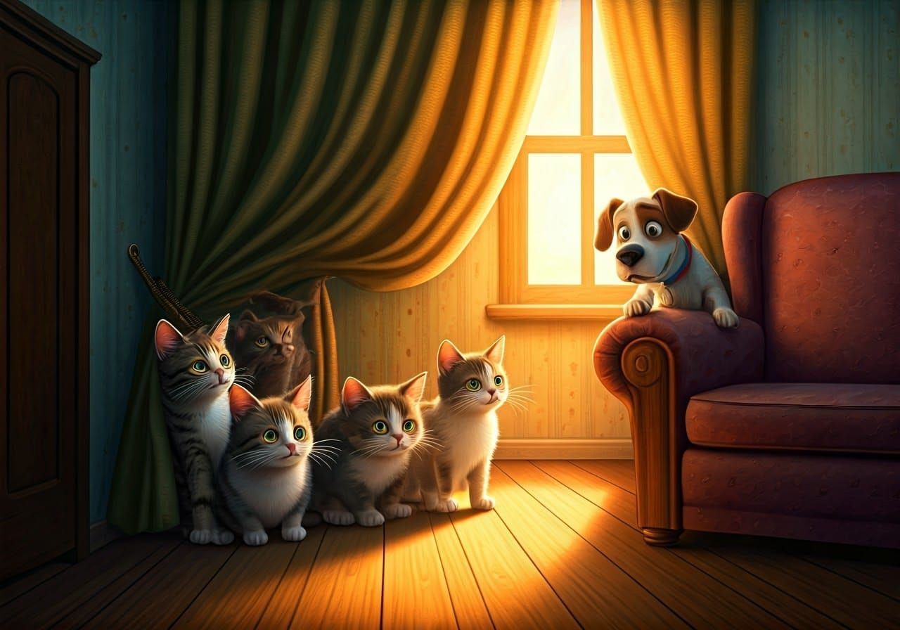 Cats and Dog in Cozy Whimsical Scene