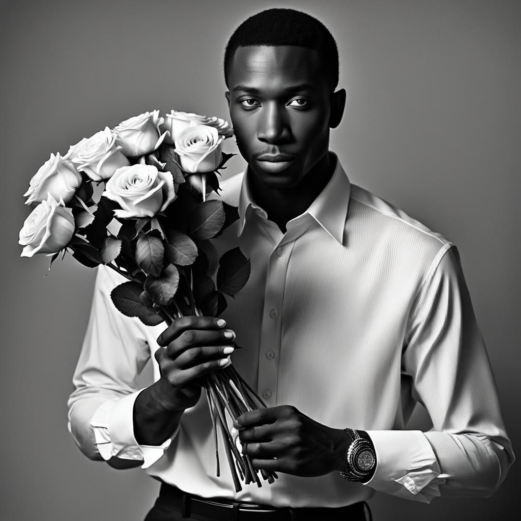 Fashionable Black Man with Roses in Radiant Light
