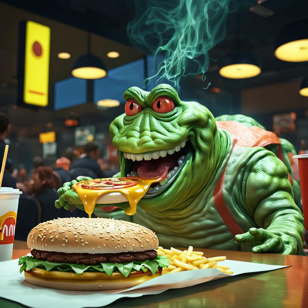 Slimer Eats Burger: Hyperrealistic McDonald's Scene