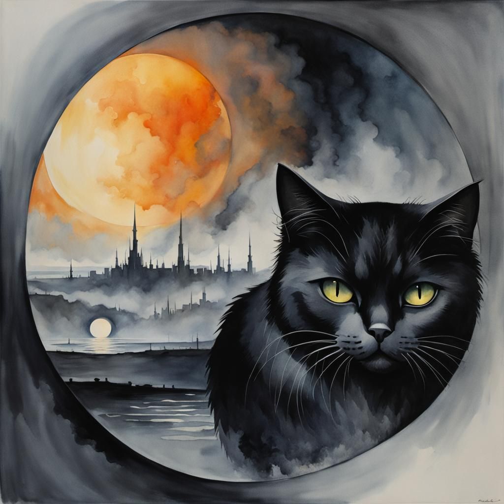 Minimalist Watercolor with Black Cat in Dark Fantasy Style