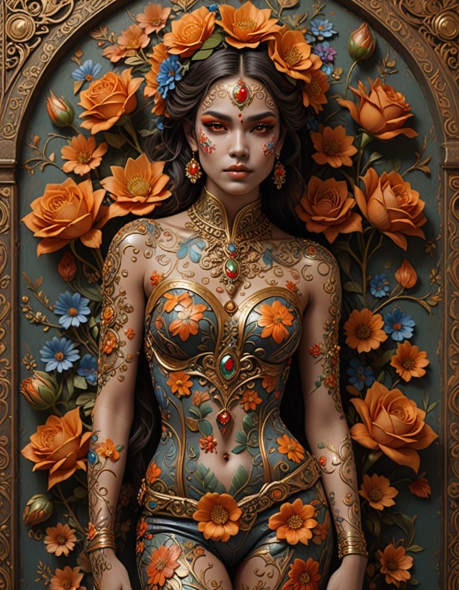 Woman's Body Painted to Match Antique Floral Wall