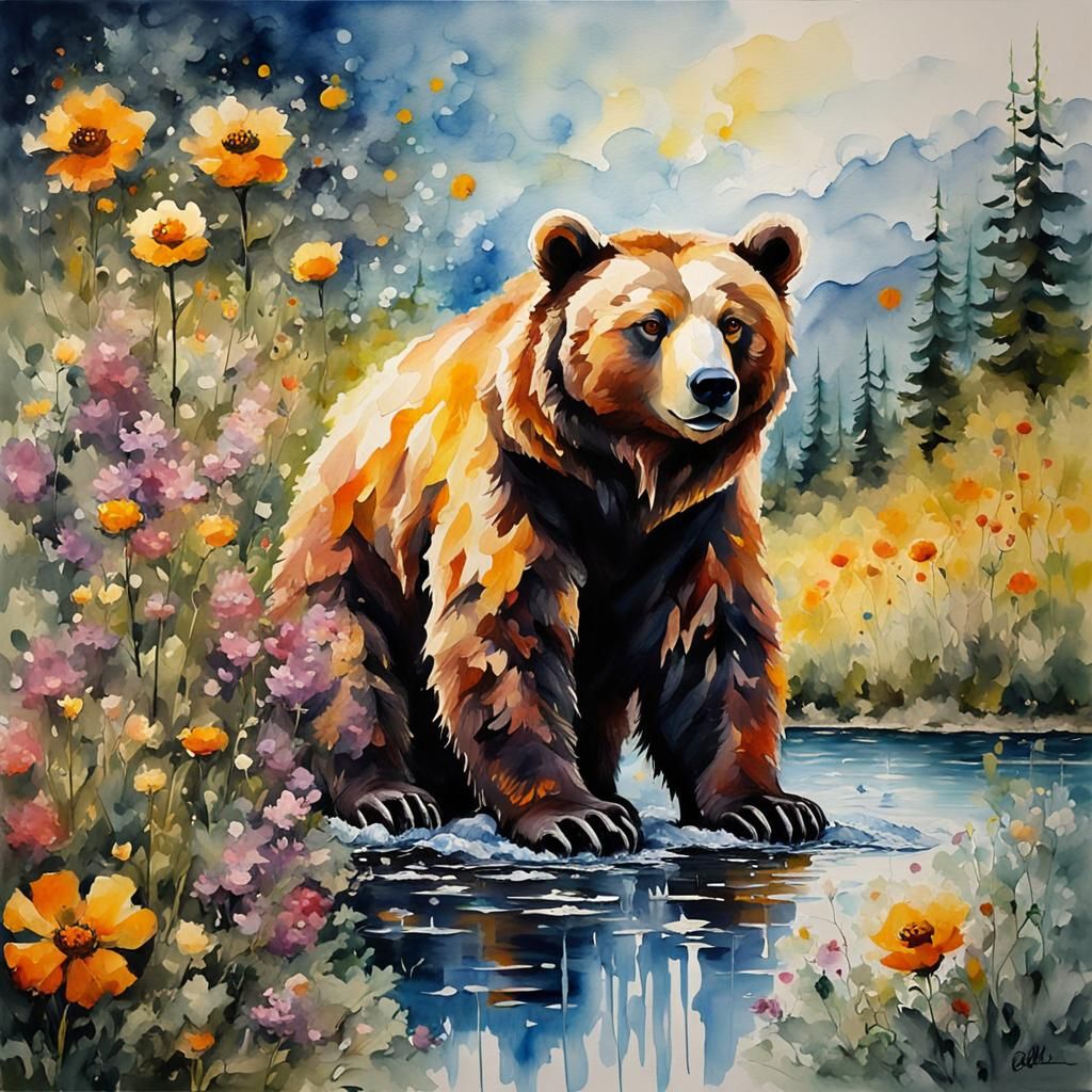 Sitting Bear in Oil, Watercolor, and Ink