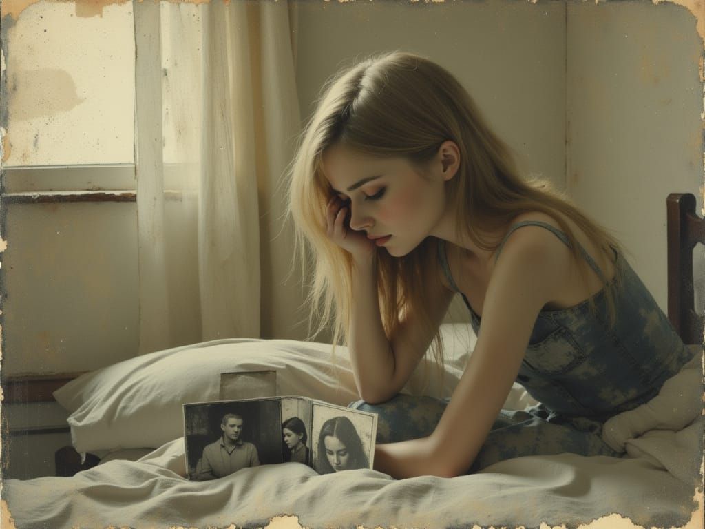 Woman Weeping in Beige Bedroom, Oil Painting Style