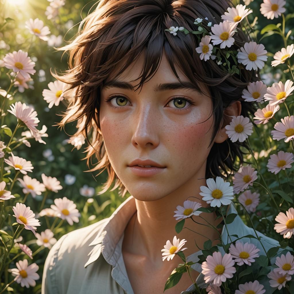 Anime Girl Picking Flowers in Lush Meadow