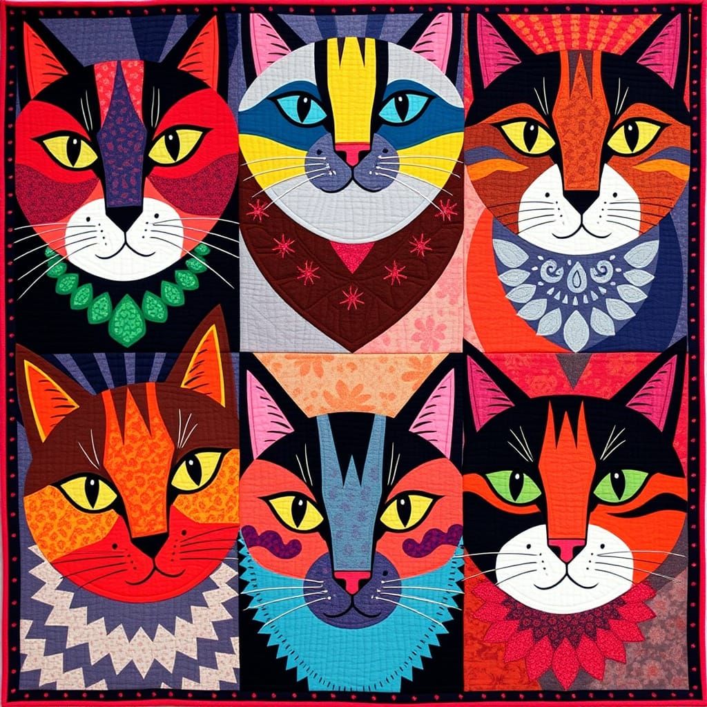 Colorful Cat Quilt in Folk Art Style