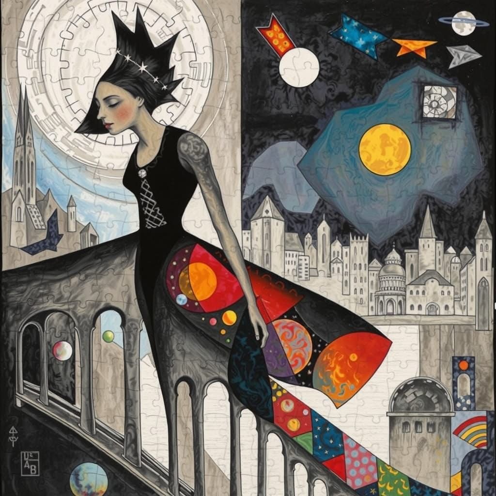 Surreal Puzzle People in Dreamlike Etching Style