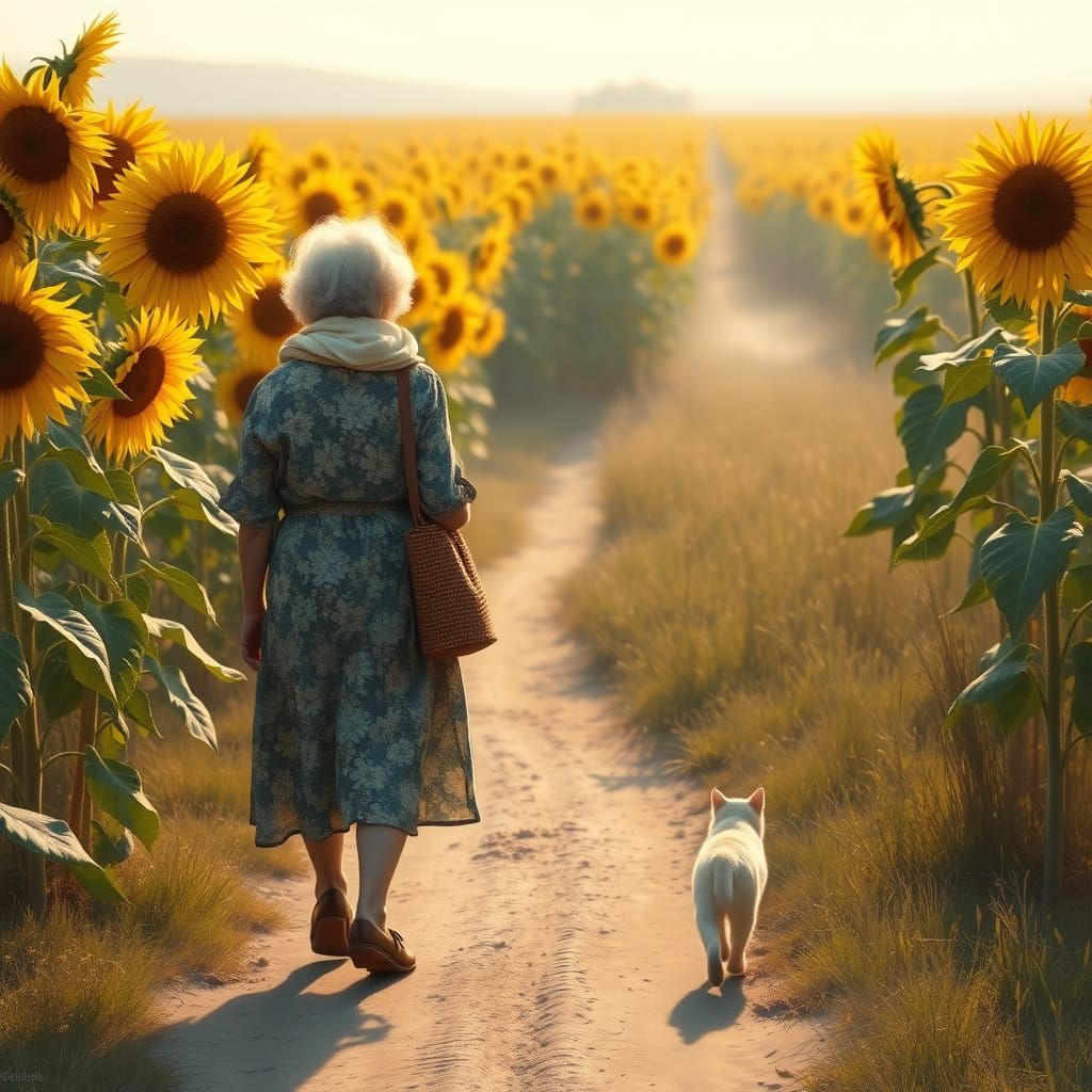 Elderly Woman Walks Through Sunflower Field