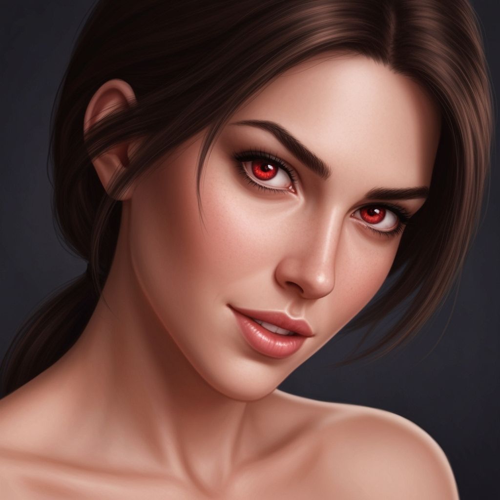 Realistic Woman Nya with Red Eyes and Soft Smirk