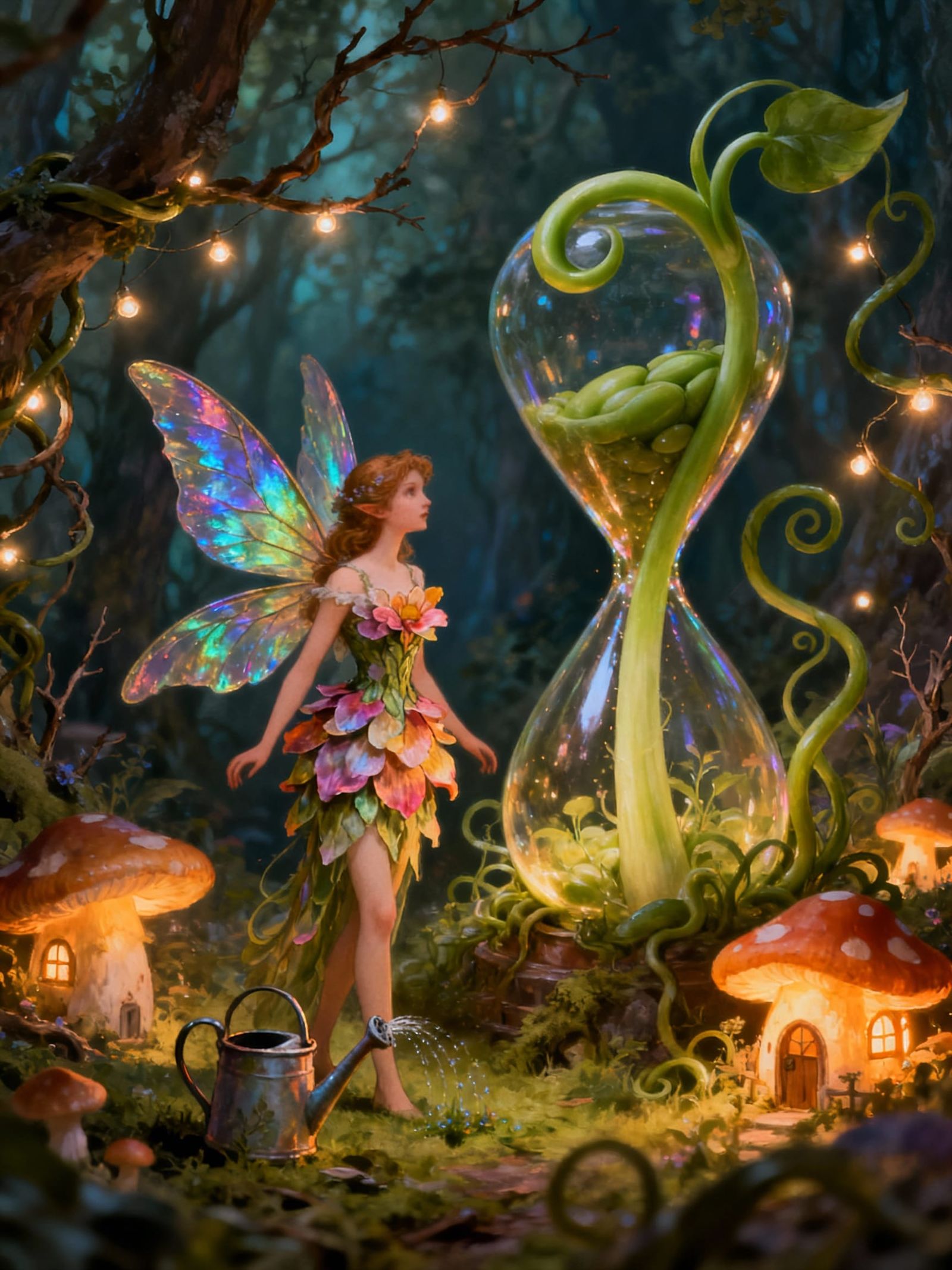 Fairy Nurtures Hourglass Bean Sprout in Enchanted Forest