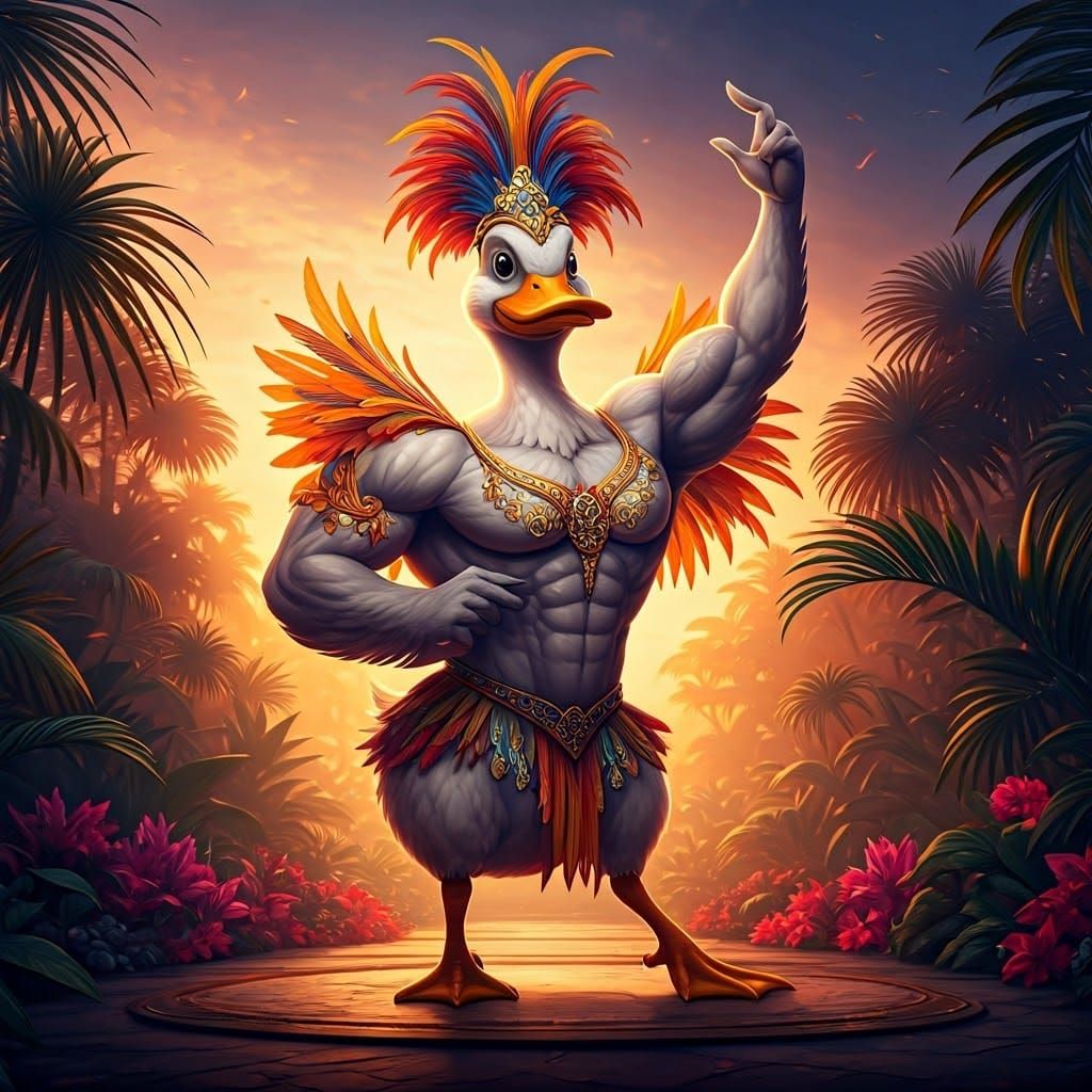 Samba Dancing Duck in Tropical Sunset, Fantasy Art