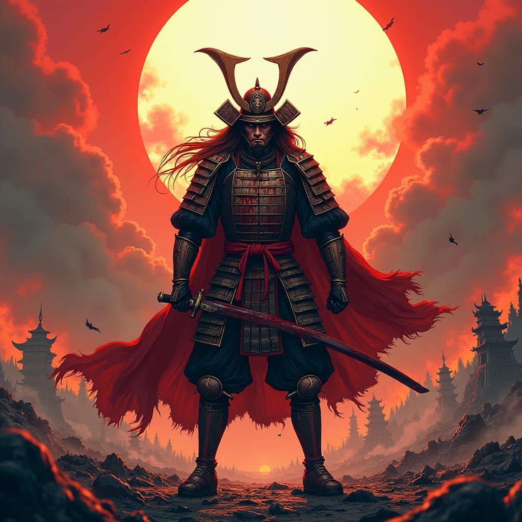 Samurai Warrior Stands Guard Over Ruined Shrine