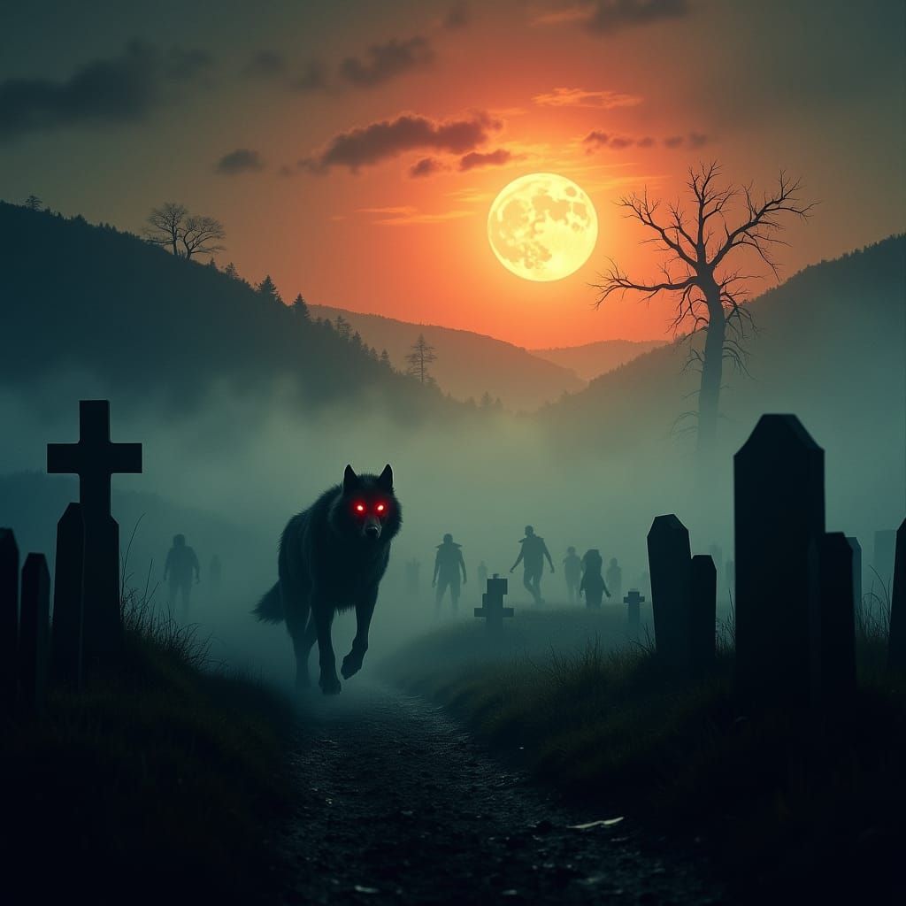 Werewolf Creeps Through Cemetery in Eerie Moonlight
