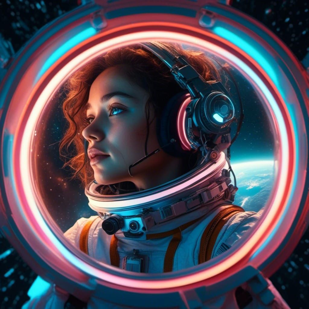 Astronaut Woman Gazing at Earth from ISS Cabin