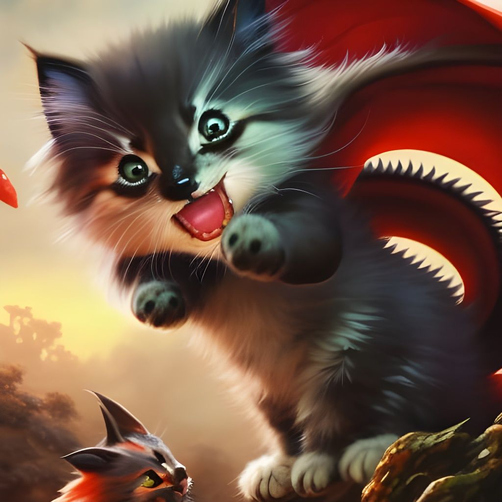 Kitten and Dragon Play, Watercolor Anime Art