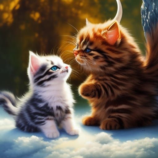 Cute Kitten Plays with Dragon: Watercolor Anime Art