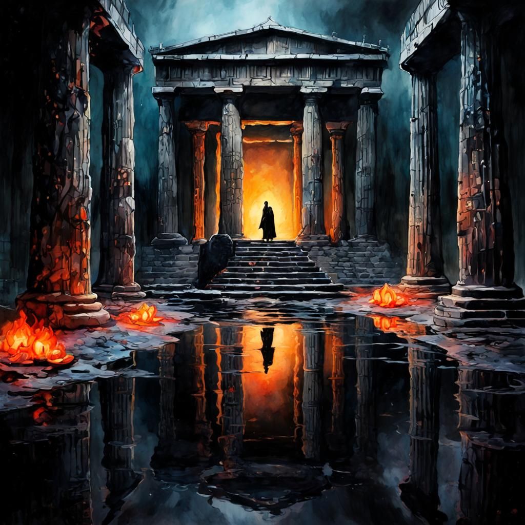 Vibrant Watercolor of a Greek Underworld Temple