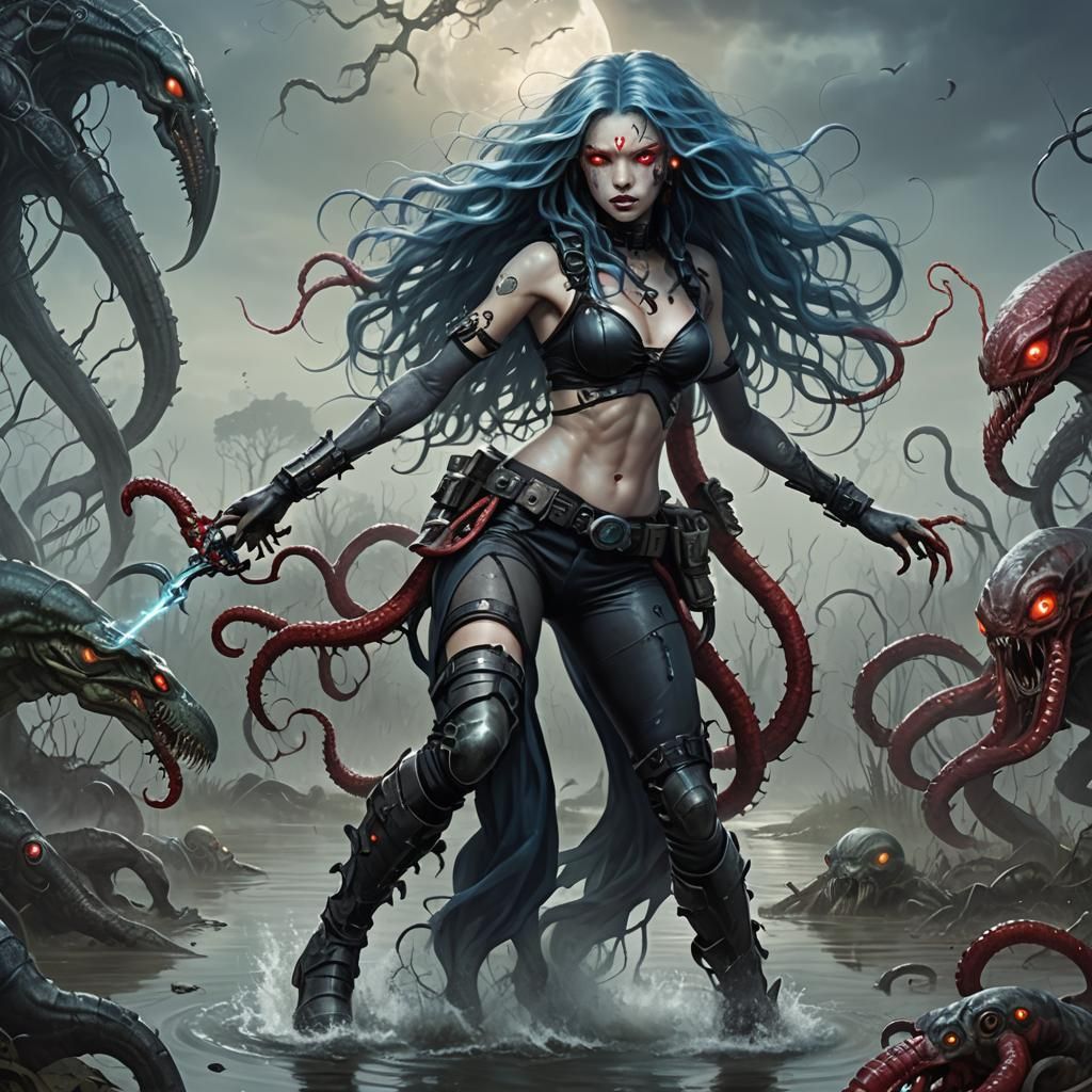 Sci-Fi Space Warrior Fighting Swamp Alien