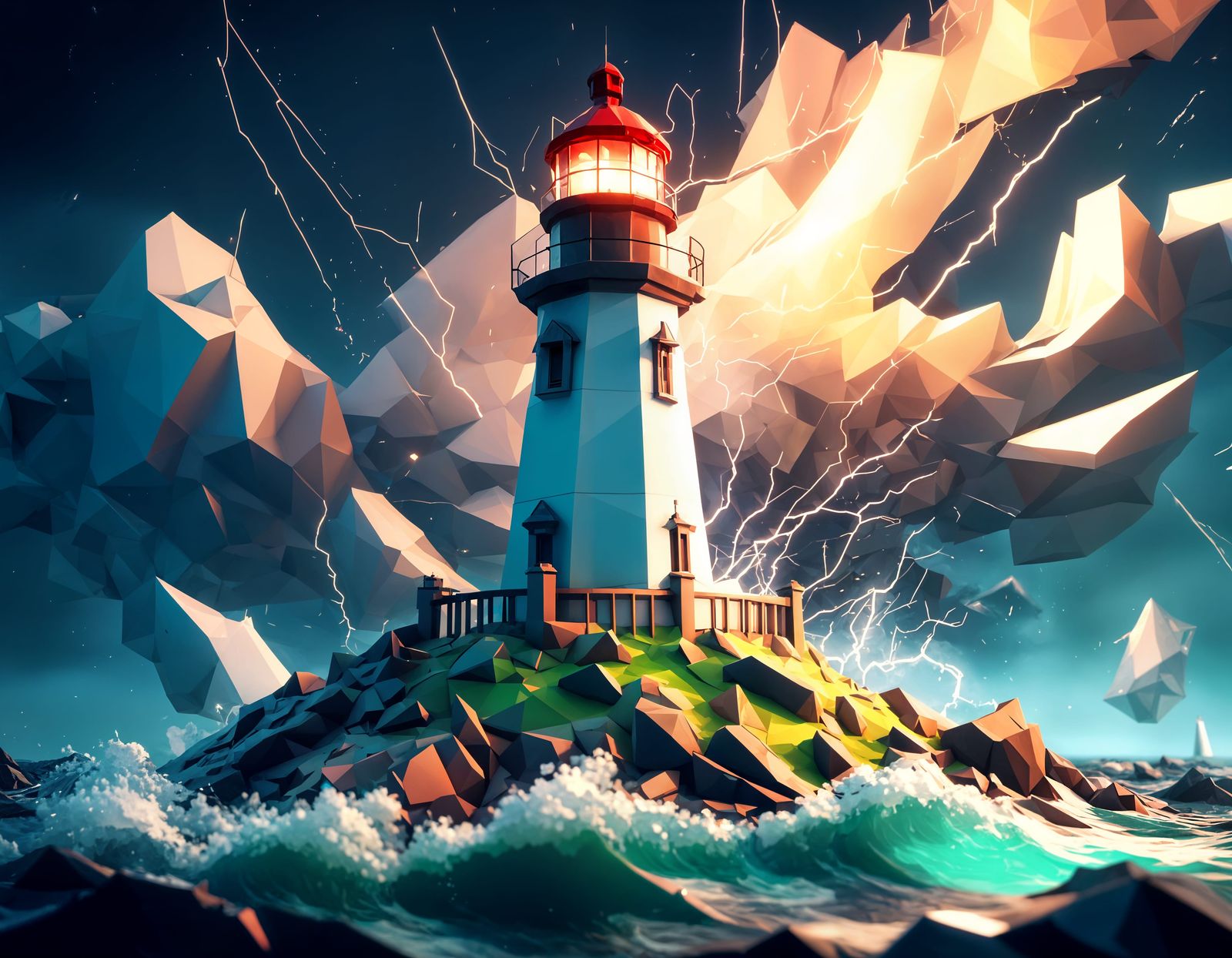 Low Poly Stormy Lighthouse 3D Illustration