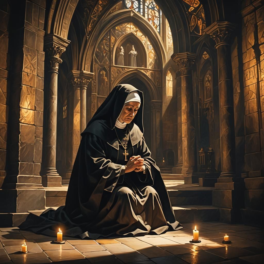 Nun Praying in Chapel: Gothic Digital Painting