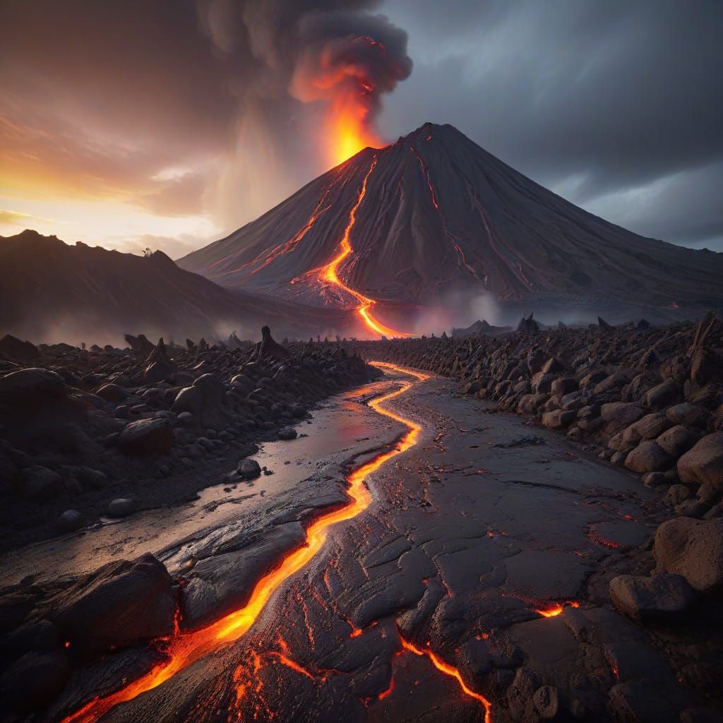 Erupting Volcano Under Golden Hour